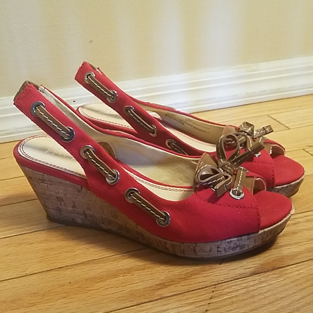 Red fabric with cork wedge heels